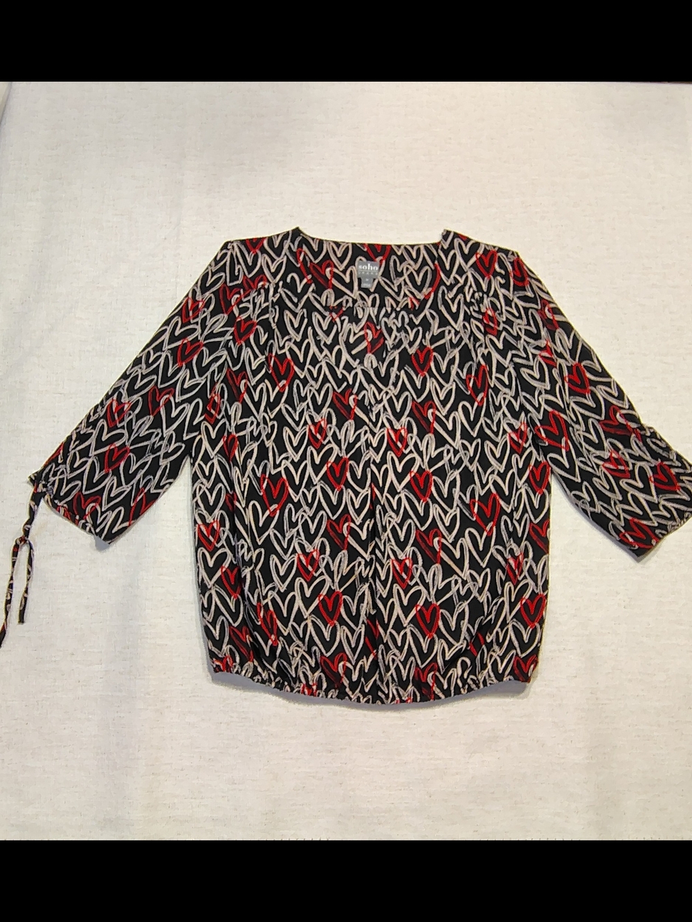 Boston Proper Black Blouse with Red & Cream Heart Print